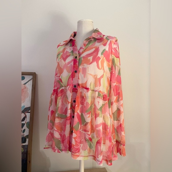Terra & Sky Pink Floral Pink & Green Sheer Button Down Tunic | Size 0X - Picture 3 of 9